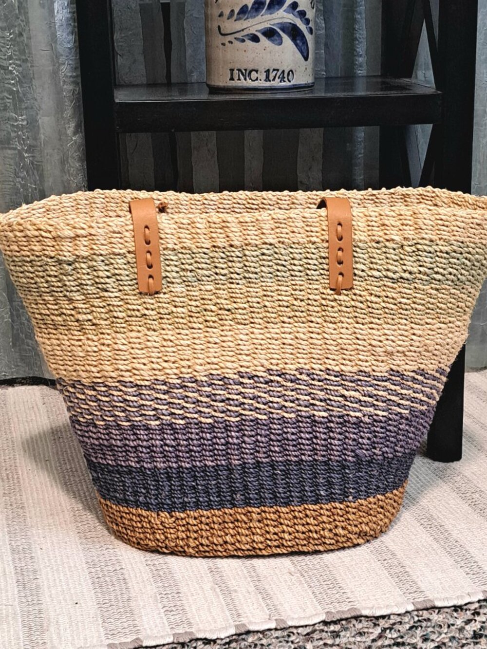 Vintage Bohemian Straw Tote with Leather Strap